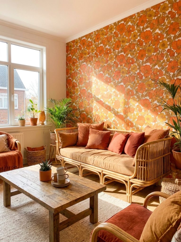 Warm vibrant living room with orange floral wallpaper rattan sofa terracotta cushions and wooden coffee table.