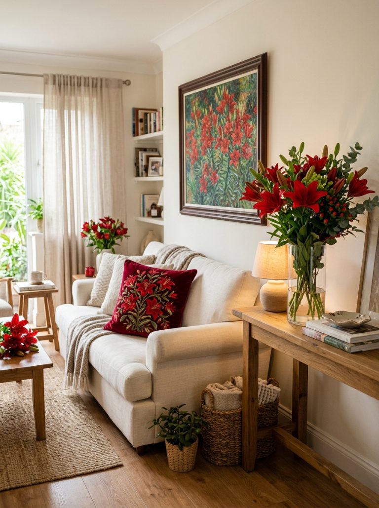 Beautiful living room with red lilies painting on wall red lily bouquet vase and dark red floral pillow on cream sofa.