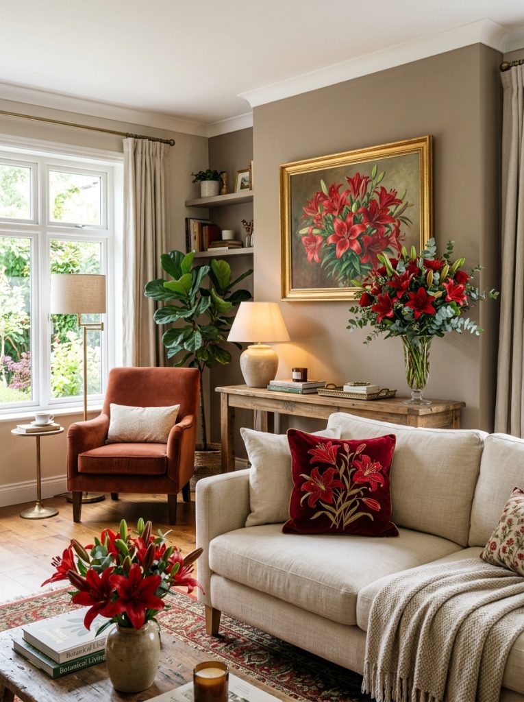 Complete beautiful living room with red lilies painting bouquet vase dark red pillow unified botanical room styling.