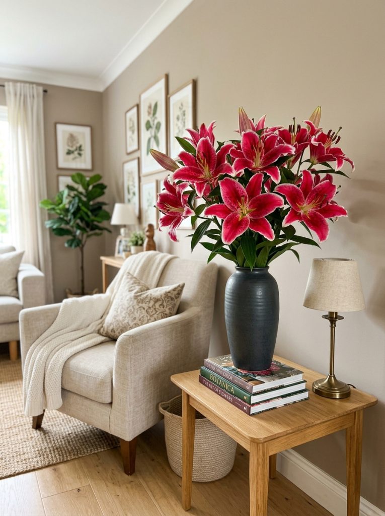 Beautiful living room with red stargazer lilies tall dark ceramic vase bold spotted blooms neutral background side table