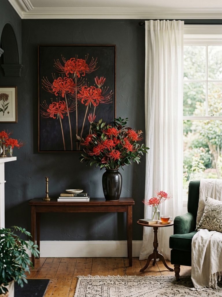 Beautiful living room with spider lilies painting on wall spider lily bouquet dark vase and red spider lilies dramatic accent.