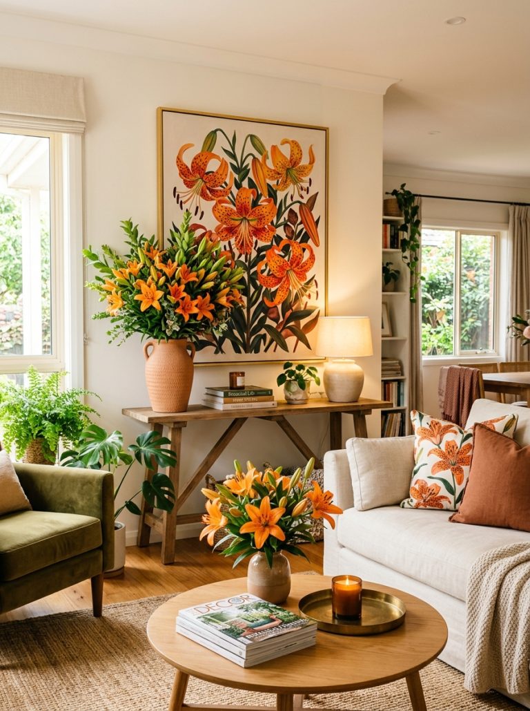 Beautiful living room with tiger lilies painting on wall tiger lily bouquet terracotta vase and orange arrangement coffee table.