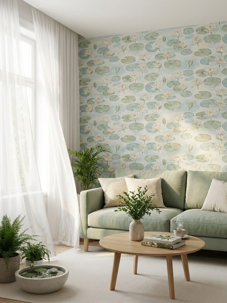 Serene beautiful living room with water lilies wallpaper sage green sofa white sheer curtains wooden coffee table.