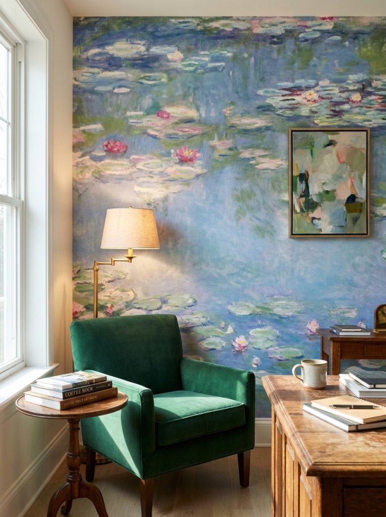 Artistic living room with Monet style water lilies wallpaper emerald armchair art books side table and warm reading lamp.