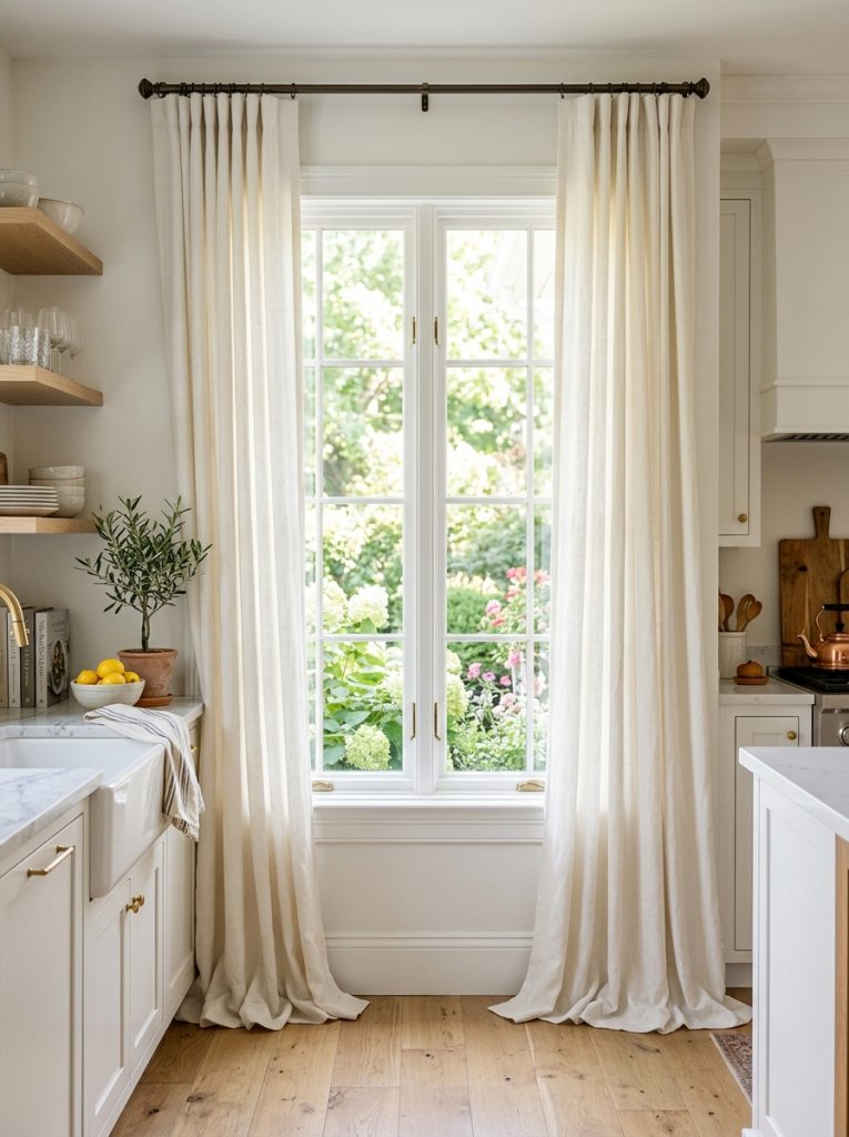 Beautiful long kitchen window curtains with floor-length panels creating dramatic elegant kitchen window treatment pooling or hanging clean