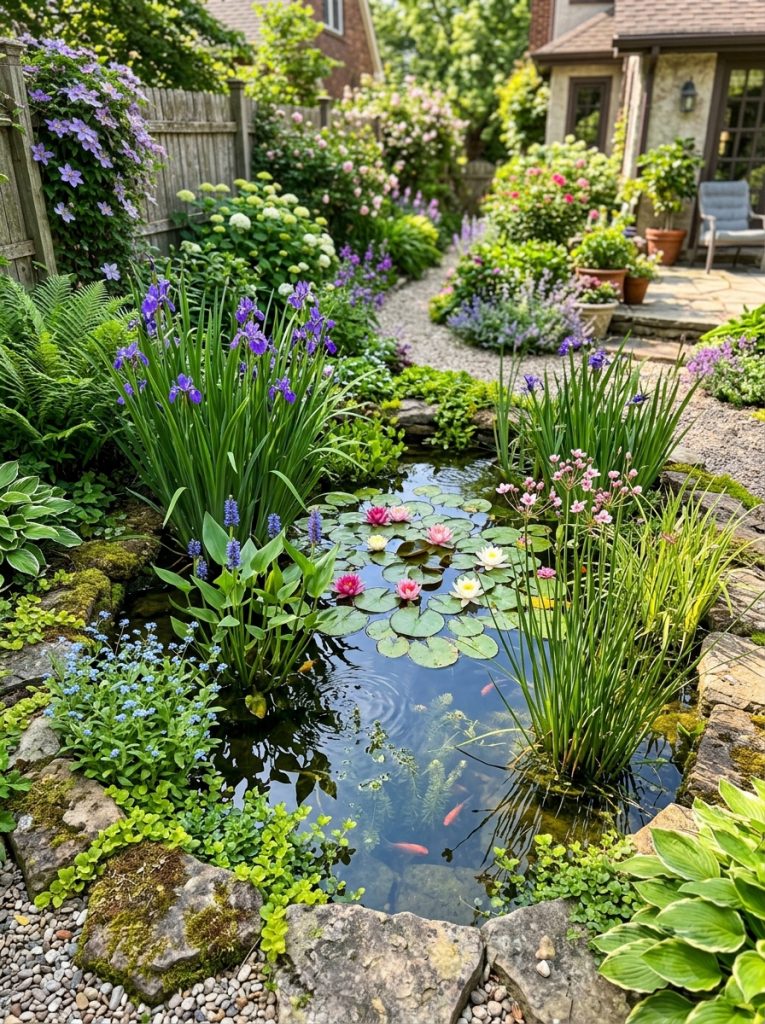 Beautiful lush planted backyard DIY mini pond with water lilies iris rushes and colorful water plants creating established natural display
