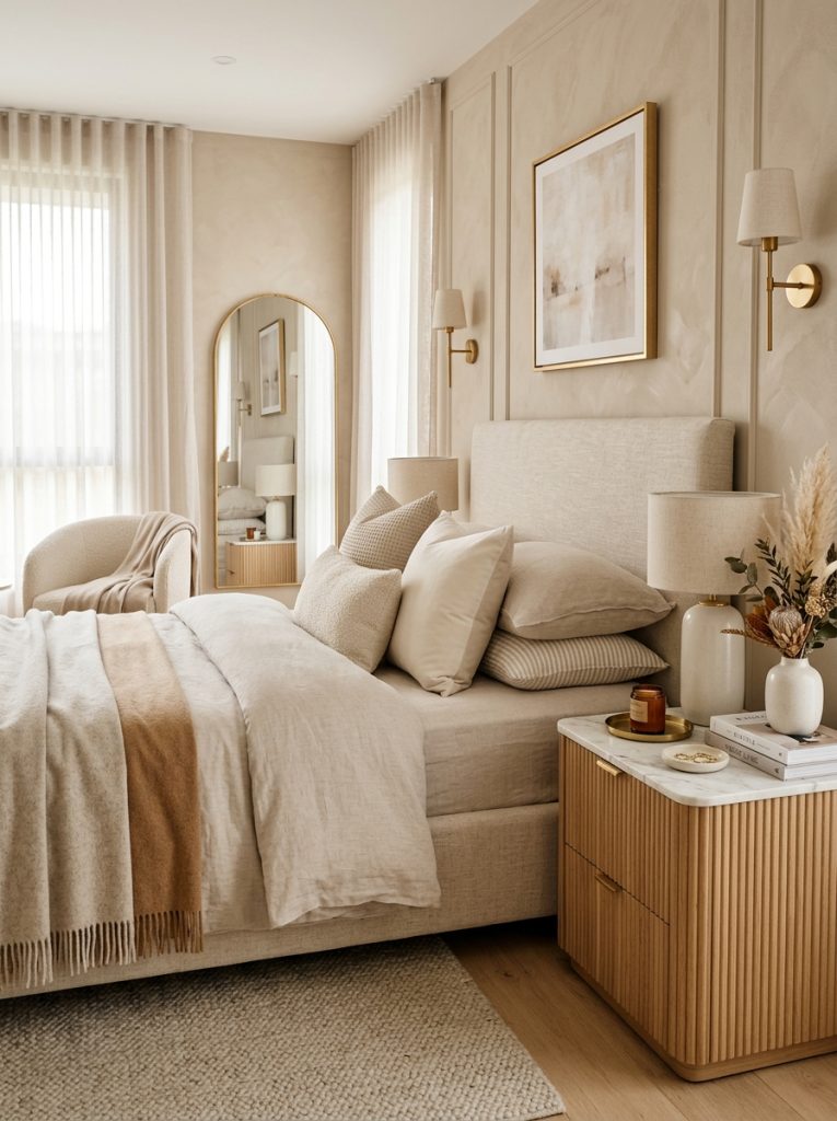 Beautiful luxury modern neutral bedroom with high-quality linen marble stone premium furniture gold hardware carefully considered styling 