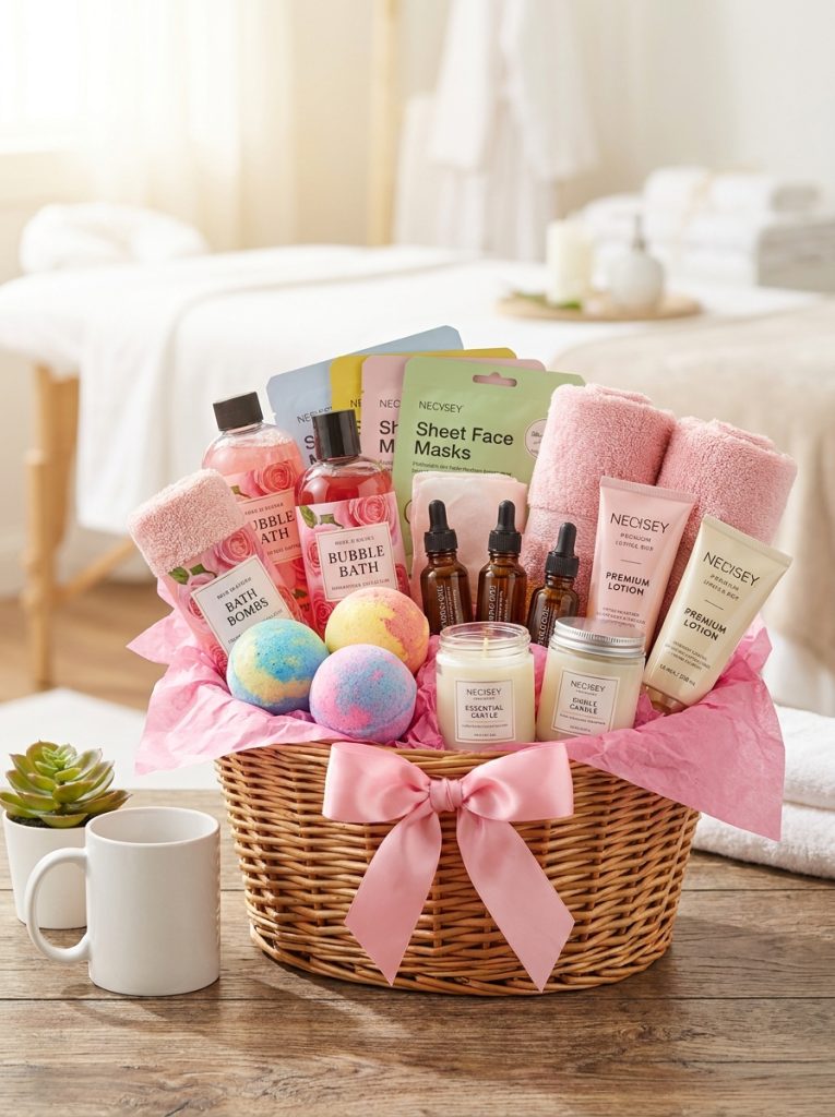 Beautiful luxury spa gift basket for women with bath bombs bubble bath face masks candles soft towels and skincare with pink ribbon 