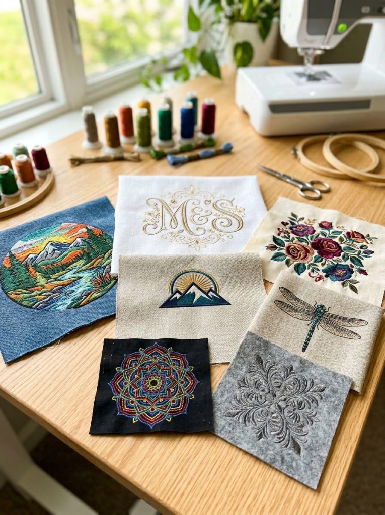 Beautiful machine embroidery with precise monogram detailed logo complex multi-color and sophisticated patterns showing machine precision