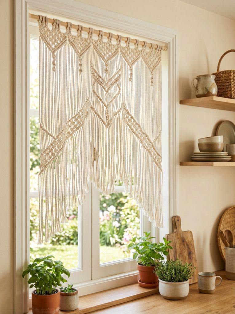 Beautiful macrame boho kitchen window curtain with natural cotton knotted texture fringe details as stunning boho kitchen window treatment