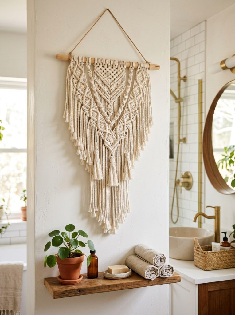 Beautiful macrame wall hanging in boho bathroom with natural cotton knotted texture fringe details as stunning boho bathroom wall art