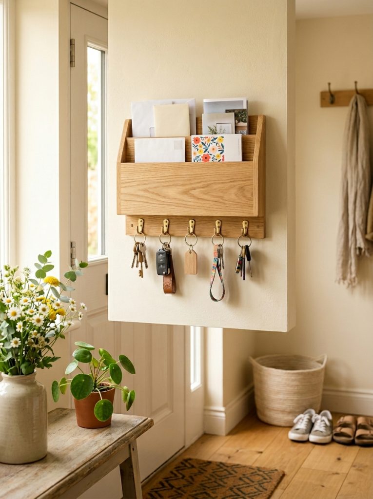 Wall mounted mail and key organizer with hooks below for keys and slots above for mail in bright clean entryway