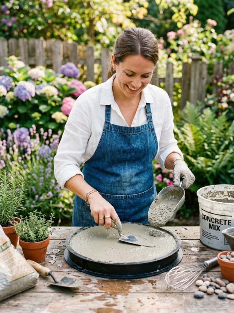 DIY concrete stepping stone being made with fresh concrete poured into circular mold smoothed to flat surface ready for decoration