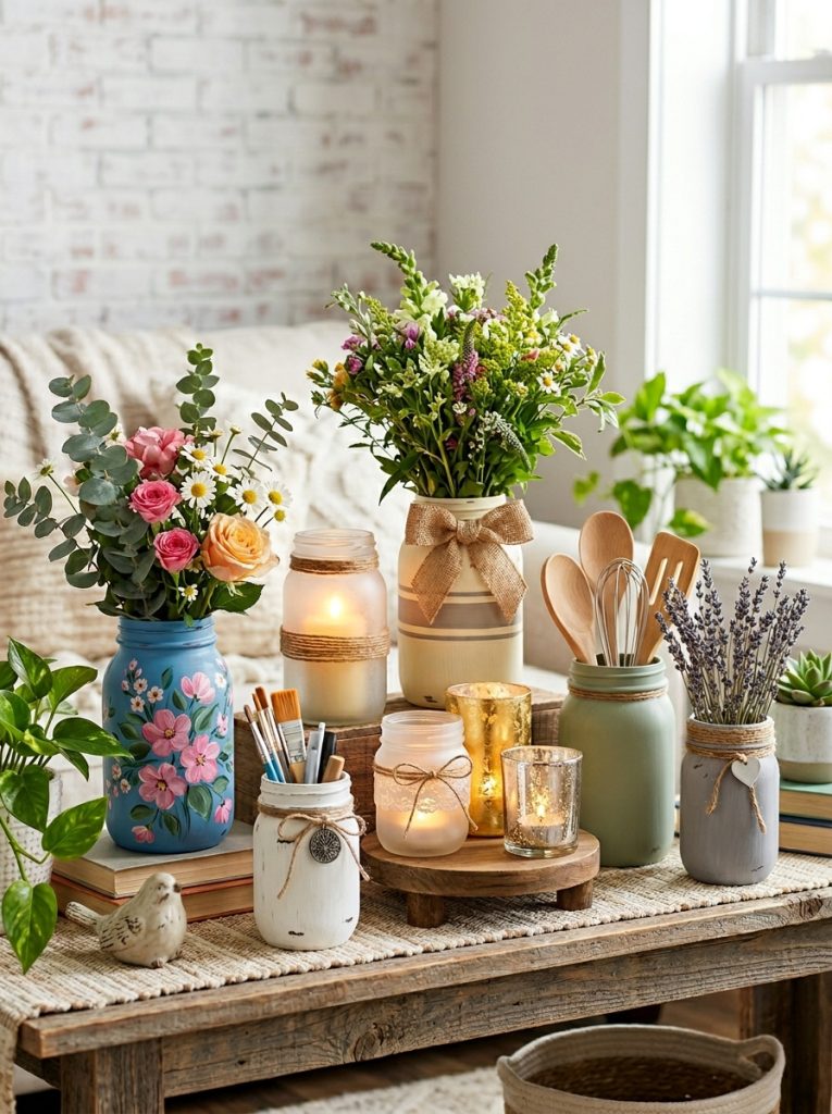 Beautiful mason jar craft decor display with painted jars as vases flower holders candle holders and storage containers 