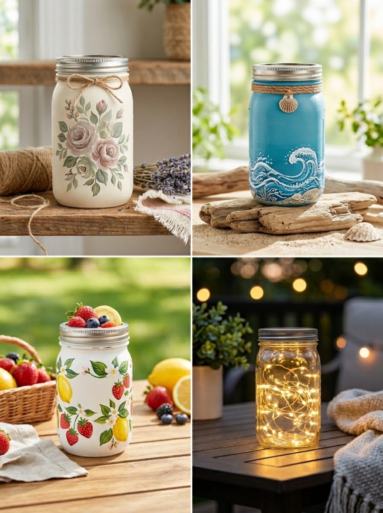 Four mason jar painting ideas including aesthetic vintage floral ocean blue wave summer fruit and glowing fairy light lantern jar