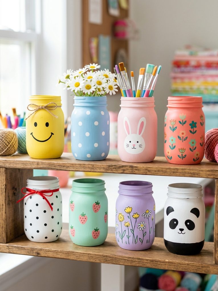  Adorable cute simple mason jar painting ideas with smiley faces floral patterns polka dots and character designs in bright colors