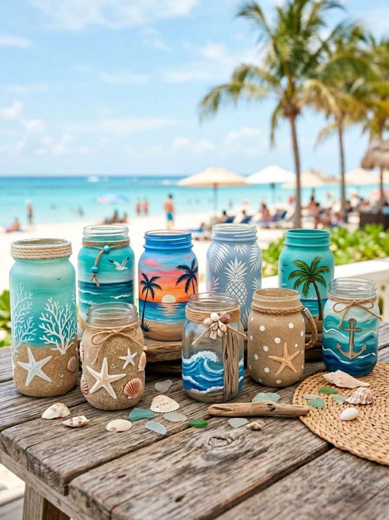  Beautiful beachy mason jar painting ideas with seashell patterns driftwood sandy textures palm trees and beach sunset scenes 