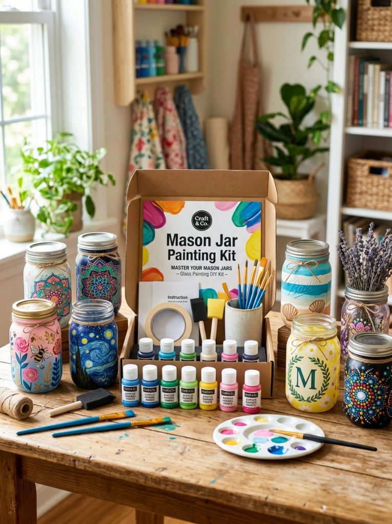 Complete mason jar painting kit displayed alongside beautifully painted glass jars showing range of achievable designs