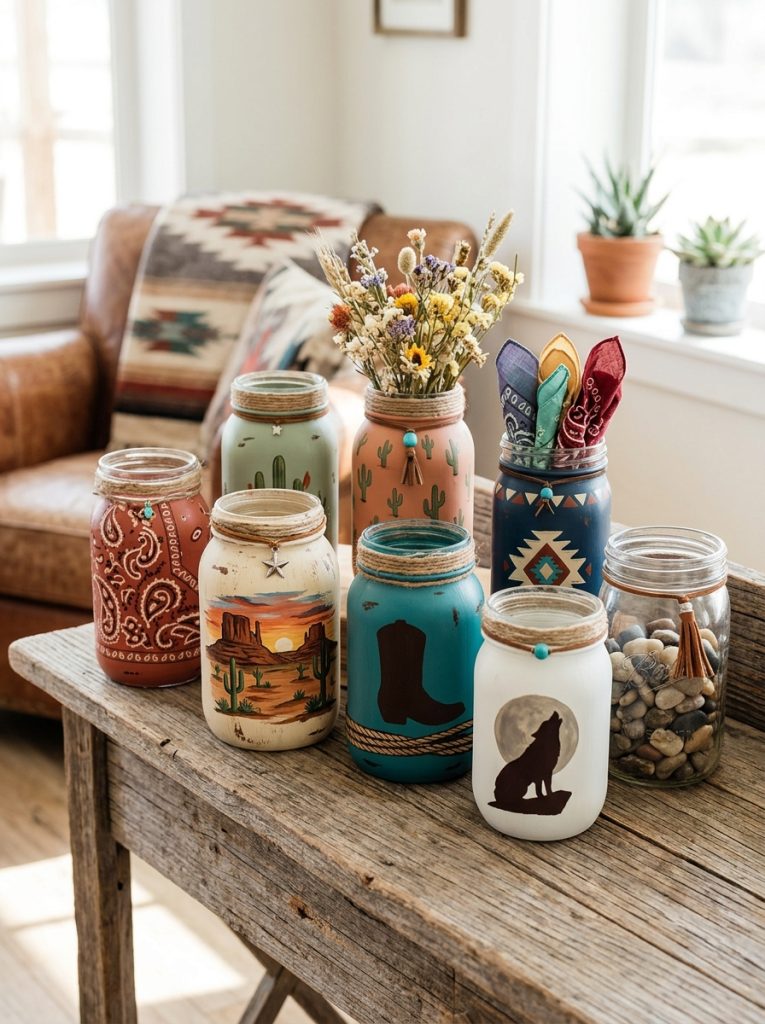 Beautiful western themed mason jar painting with cactus patterns western paisley desert sunsets cowboy boots and rope details 
