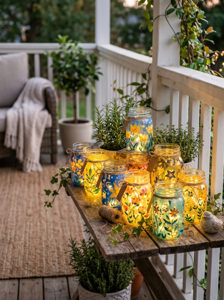 Beautiful mason jar string lights painting ideas with painted jars glowing warmly on porch or shelf as ambient lighting 