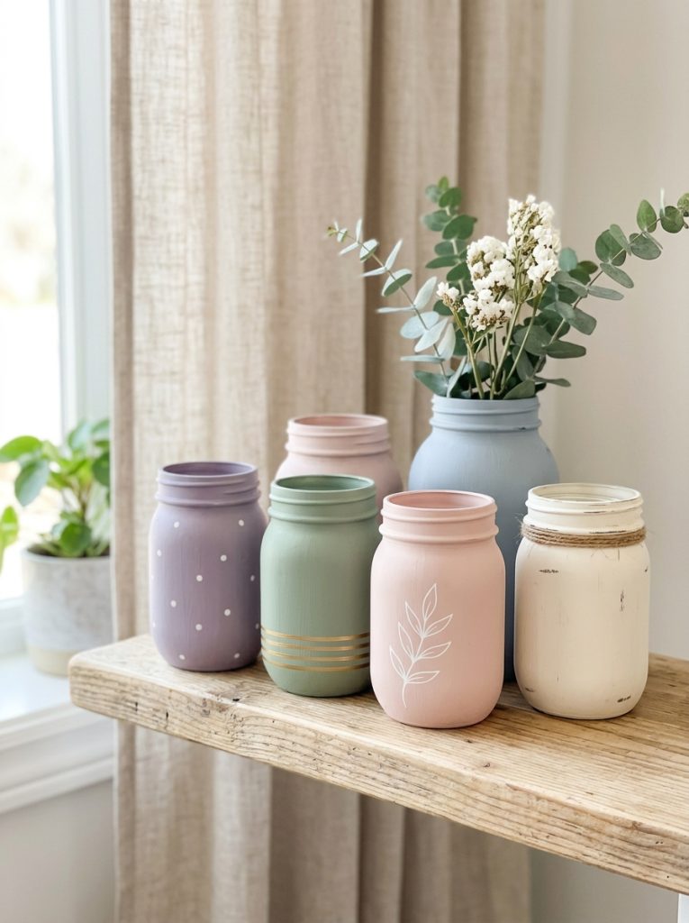 Beautiful aesthetic easy mason jar painting in soft pastel lavender sage green blush pink and cream with minimal designs