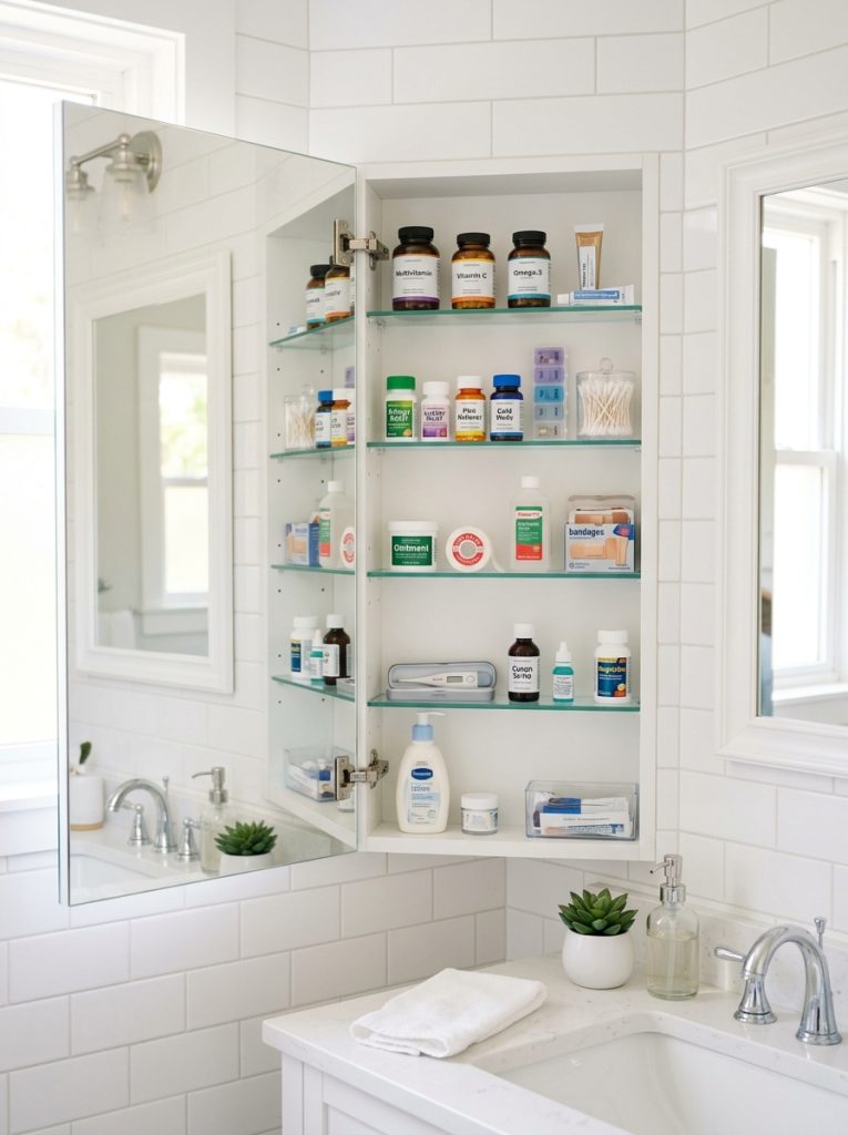  Recessed corner medicine cabinet open showing organized medications vitamins and health supplies