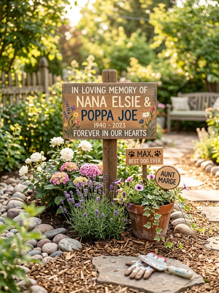 Beautiful memorial family garden signs DIY with heartfelt messages names dates for family grandparents pets in peaceful garden settings