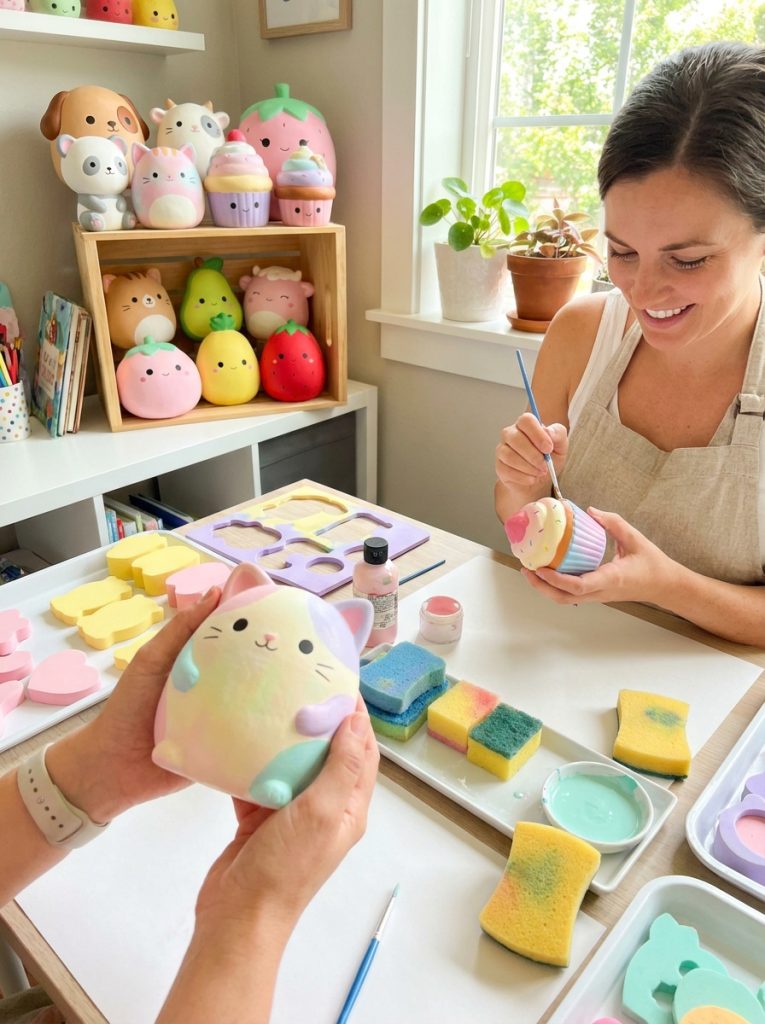 Adorable memory foam DIY squishies cut into cute food characters animals and kawaii designs with sweet expressions and soft colors