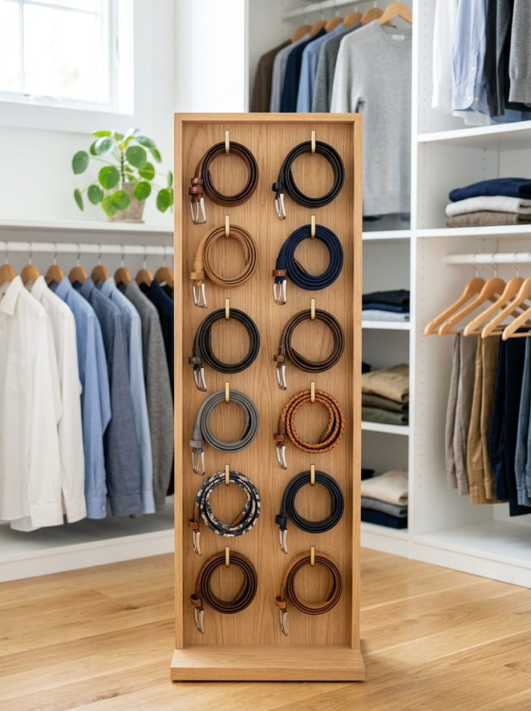 Freestanding mens belt storage rack inside closet holding belts on individual hooks