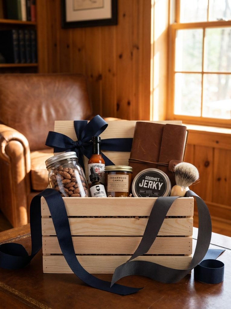  Beautiful men's gift basket with premium snacks gourmet nuts hot sauce grooming products and relaxation items with masculine ribbon