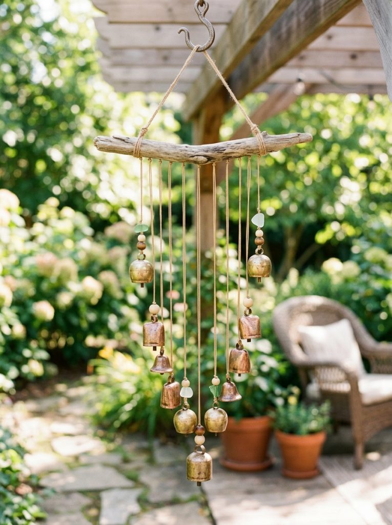 Beautiful metal bells DIY wind chime with small bells in different sizes on nylon cord at varying lengths hung from wooden top piece