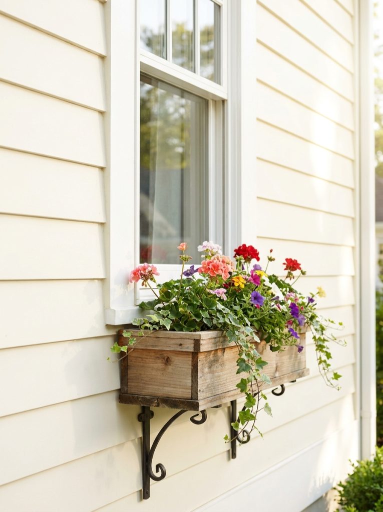 Sturdy metal window box brackets on house exterior wall supporting wooden window box with flowers