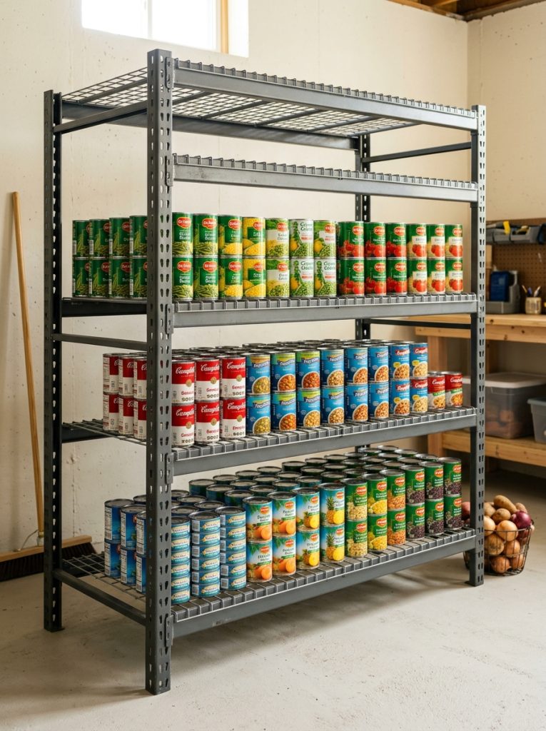 Heavy duty freestanding metal rack in basement holding bulk canned goods sorted on wide shelves