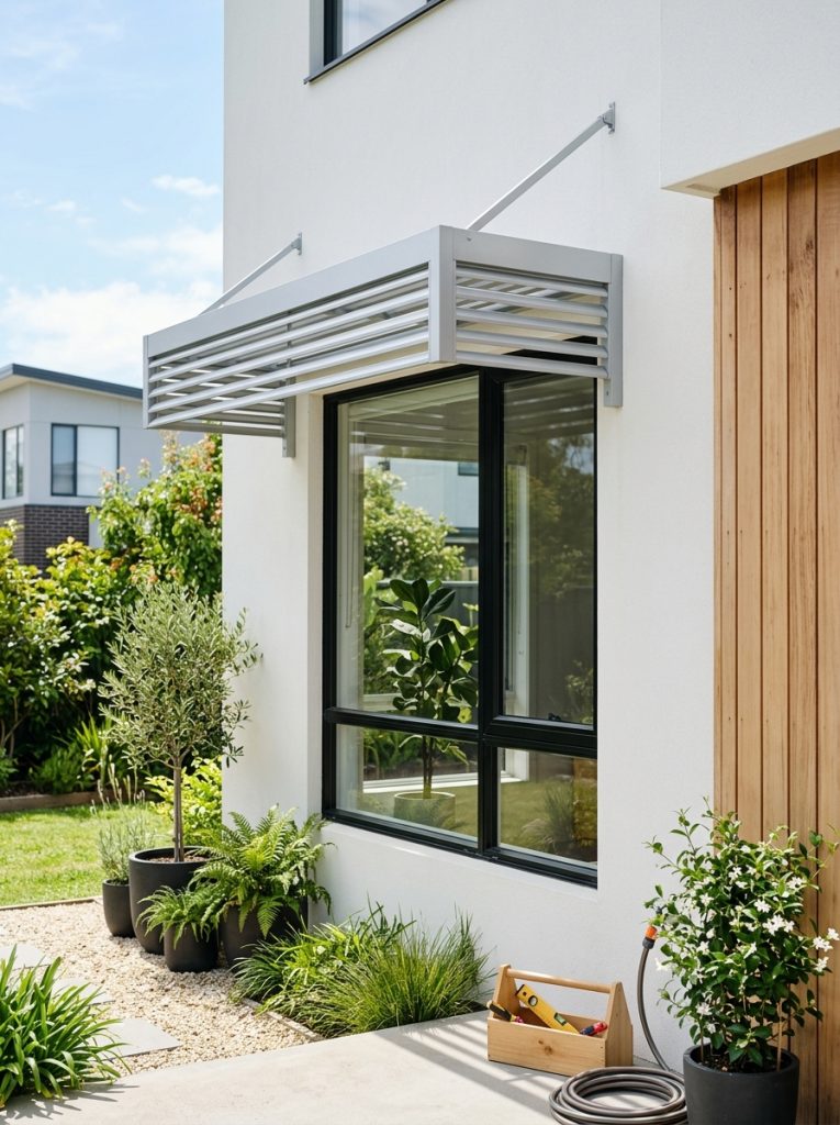 Beautiful metal aluminum window awning DIY with sleek powder-coated finish above window on clean contemporary modern home exterior