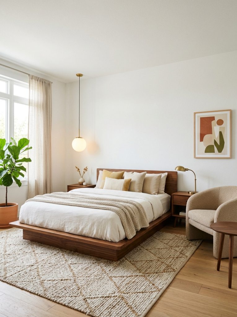 Beautiful mid century modern neutral bedroom with walnut furniture organic forms pendant lighting clean architectural lines neutral palette 