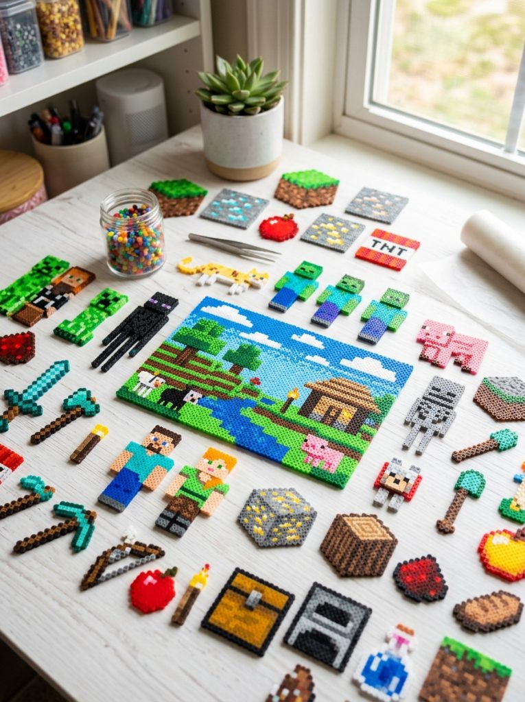 Creative Minecraft perler bead patterns with blocky character designs block patterns landscape scenes and iconic items in Minecraft palette