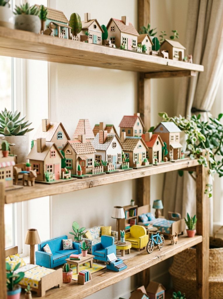 Adorable mini cardboard craft creations with tiny houses furniture and decorative objects finely painted displayed on shelf