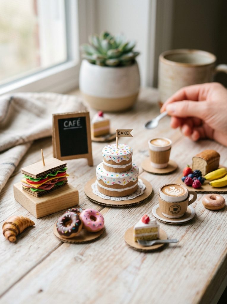 Adorable mini cardboard food craft creations with tiny cakes sandwiches coffee cups assembled and painted with delightful detail