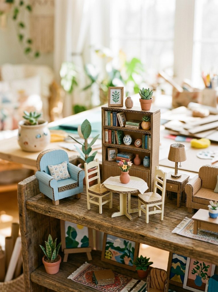 iny mini cardboard furniture crafts with miniature chairs tables shelves assembled painted and detailed for dollhouse or decorative display