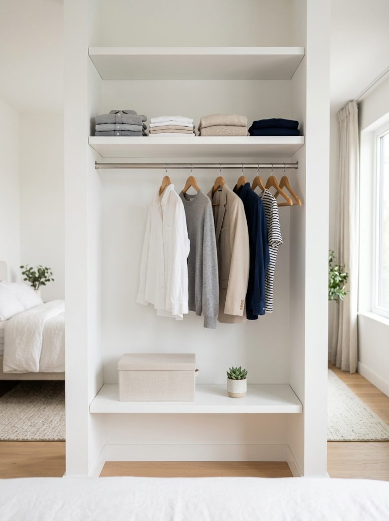 Minimalist bedroom closet with only essentials neatly folded on clean white shelves