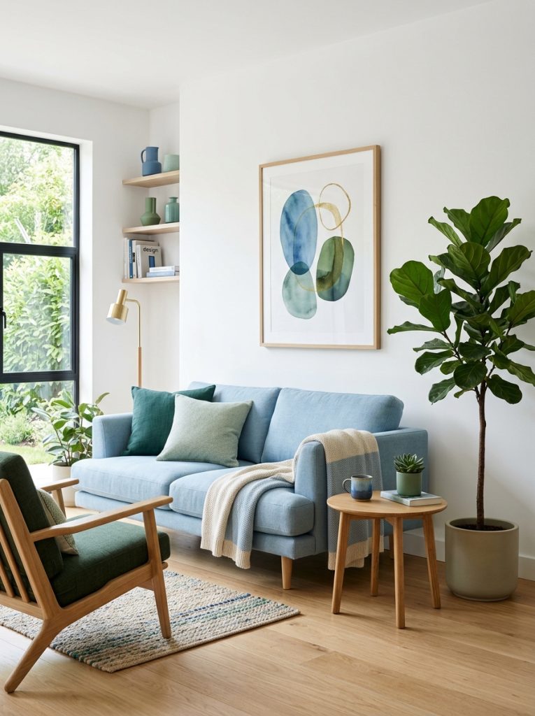 Beautiful minimalist blue and green living room with clean uncluttered space minimal furniture and carefully chosen colour accents