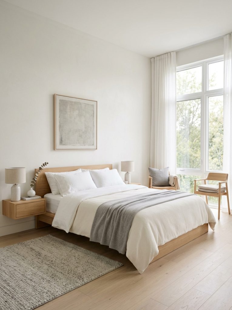 Beautiful minimalist modern neutral bedroom with minimal furniture pure white cream grey palette clean lines deliberate negative space