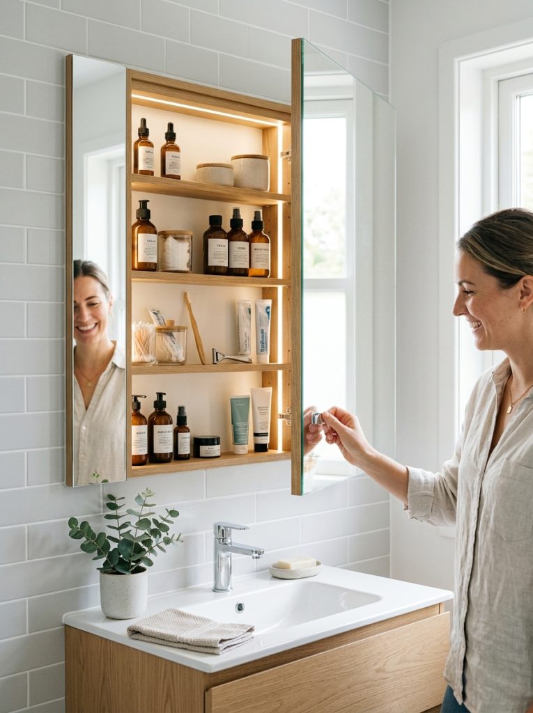 Beautiful hidden mirror cabinet bathroom storage with mirror opening to reveal perfectly organized medicine cabinet interior behind clean wall 