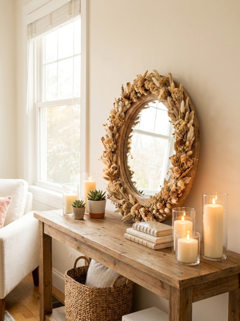  Styled DIY mirror frame centerpiece on console table with candles plants and decorative objects in living room