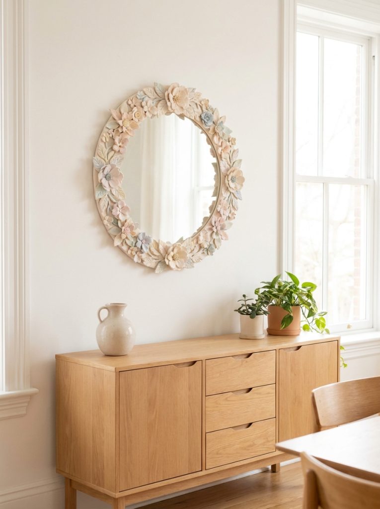 DIY mirror frame decorated with hand sculpted air dry clay flowers and leaves around round mirror edges