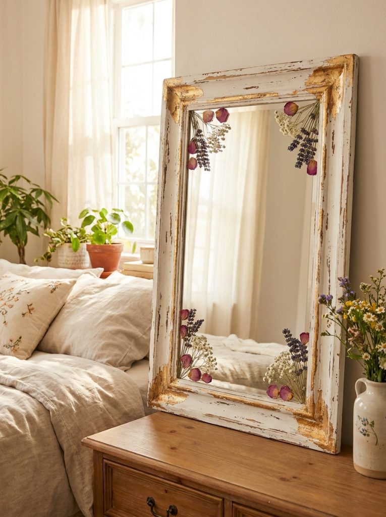  DIY aesthetic vintage mirror frame with distressed white paint gold details and dried flowers in bright bedroom