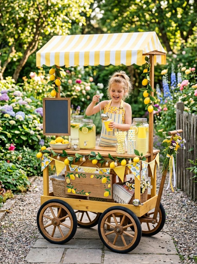 Clever mobile lemonade stand DIY on wagon or wheeled base with cheerful decorations and sign as genuinely mobile selling setup