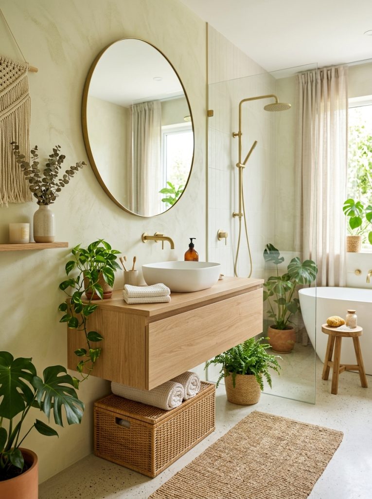 Beautiful modern boho bathroom combining clean contemporary lines modern fixtures with warm organic textures natural accessories balanced aesthetic