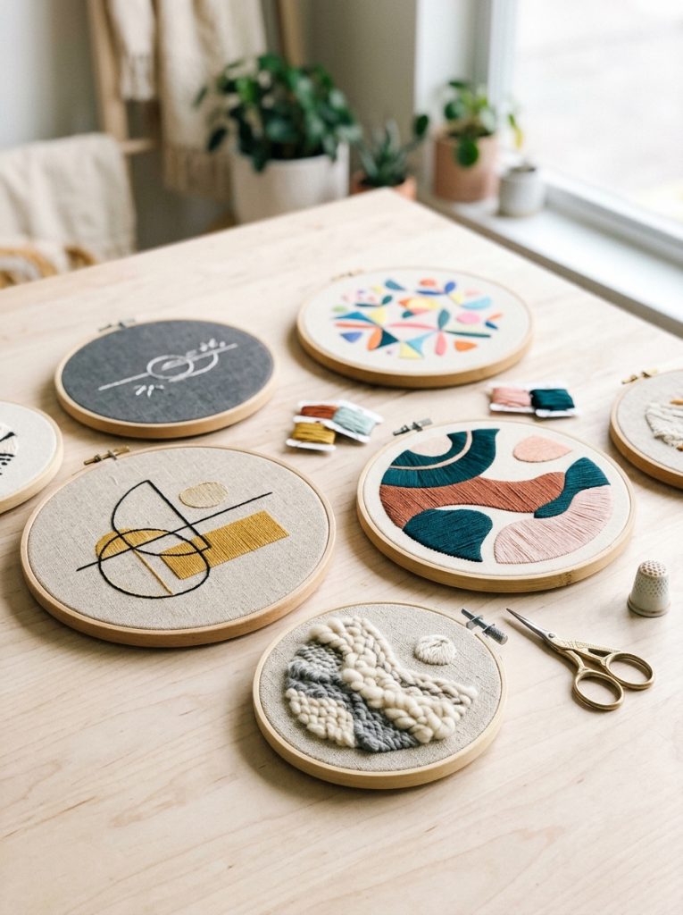 Beautiful modern embroidery with clean geometric abstract minimal bold graphic and unconventional contemporary approaches displayed