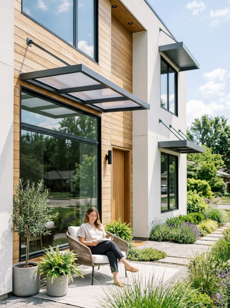  Beautiful modern exterior window awning DIY with sleek flat panel mono-pitch and precision geometric designs on contemporary home exteriors